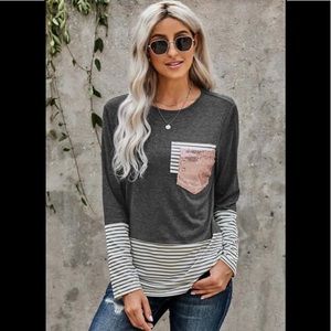 Striped Pocket Sequins Splicing Long Sleeve Top